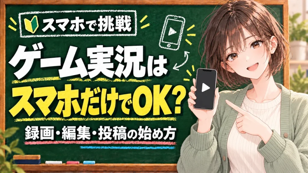 スマホだけでゲーム実況はできる？録画・編集・投稿の始め方を解説する黒板と案内役の女性