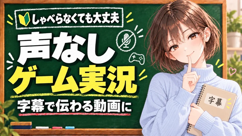声なしゲーム実況はできる？字幕解説・プレイ動画の作り方を解説する黒板と案内役の女性