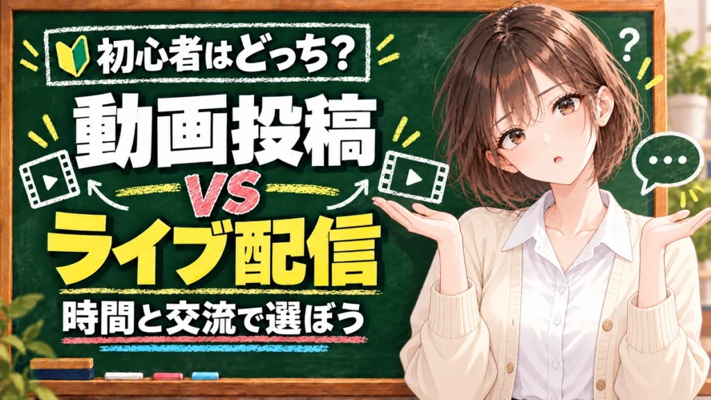 ゲーム実況は動画投稿とライブ配信どっち？初心者向けに比較を解説する黒板と案内役の女性