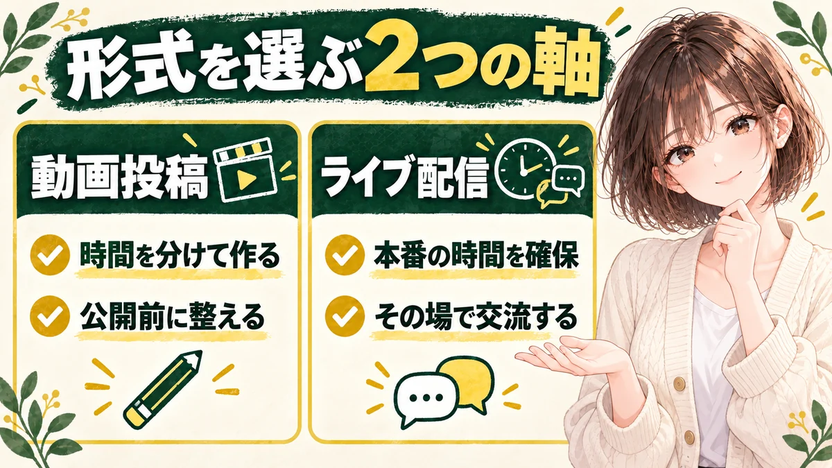 動画投稿は録画して編集後に公開、ライブは準備してその場で配信する流れの比較