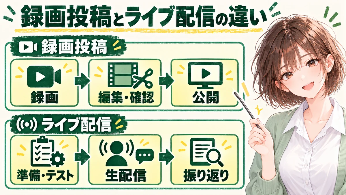 録画投稿は録画・編集と確認・公開、ライブ配信は準備とテスト・生配信・振り返りの順に進む図