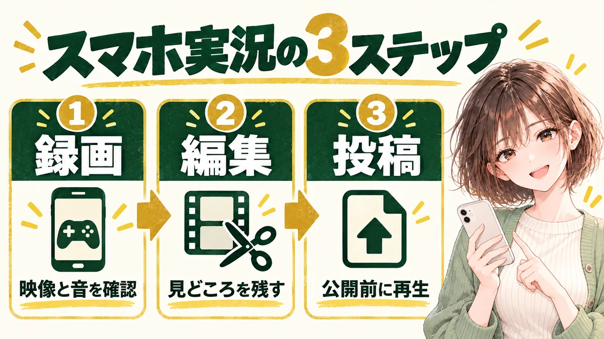 スマホでゲーム画面を録画し、編集して公開前に再生確認する3ステップ