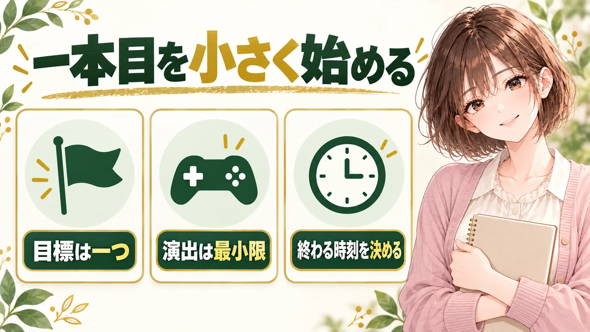 一本目を小さく始めるための、目標は一つ・演出は最小限・終わる時刻を決めるという三つの工夫